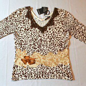 Cyrus Women's 3/4 Sleeve Knit Brown Multi-color Pullover Top, Size Large NWT!!
